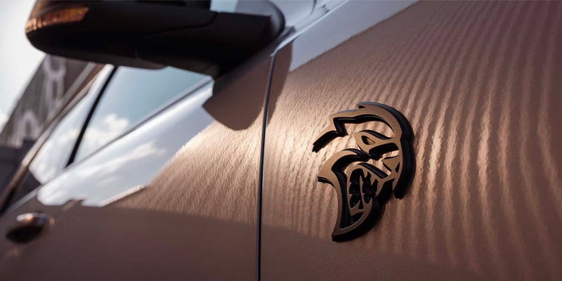 Close-up of a black "Hellcat" emblem on a car's fender