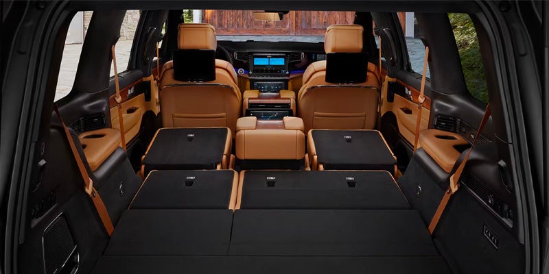 The cargo space of a Ram Wagoneer with the third and second-row seats partially folded down.